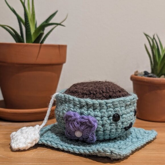 Hand Crafted Crochet Amigurumi Teacup with Stand, Flower, and Tea Sachet - Picture 2 of 4
